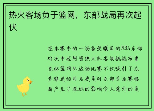 热火客场负于篮网，东部战局再次起伏